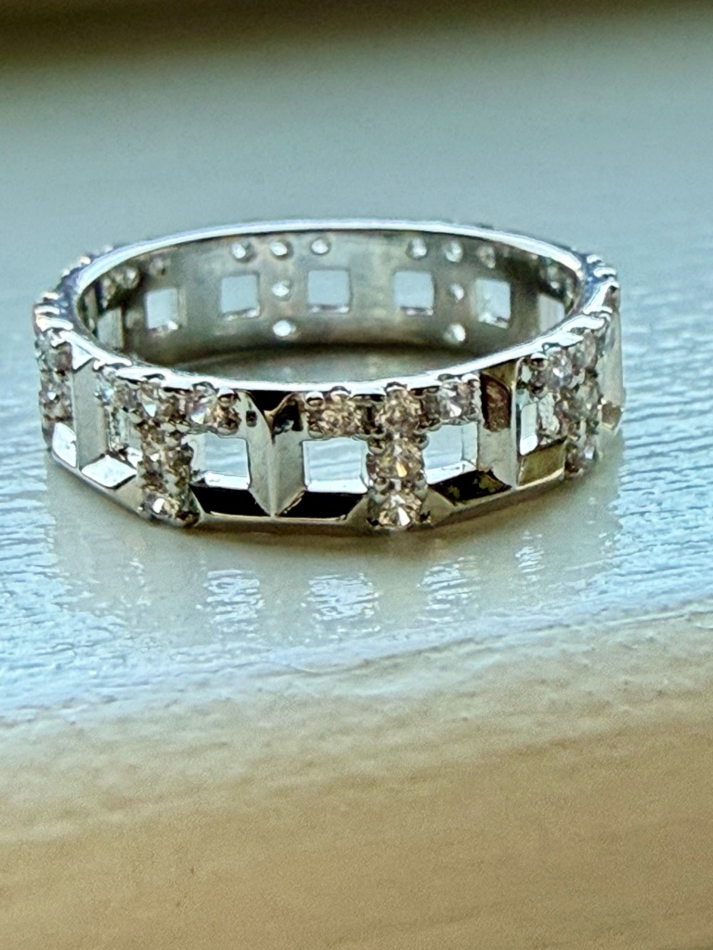 NEW! 14k White Gold Plated Sterling Open work Crystal Band Ring